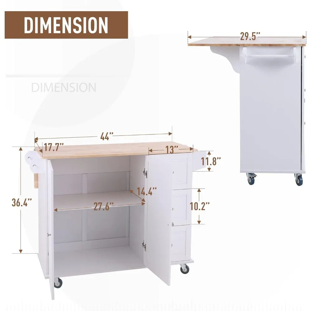 Rolling Kitchen Island on Wheels with Drop-Leaf, Mobile Kitchen Island Cart with 3 Drawers Storage Cabinet, Wood Countertop, Ad