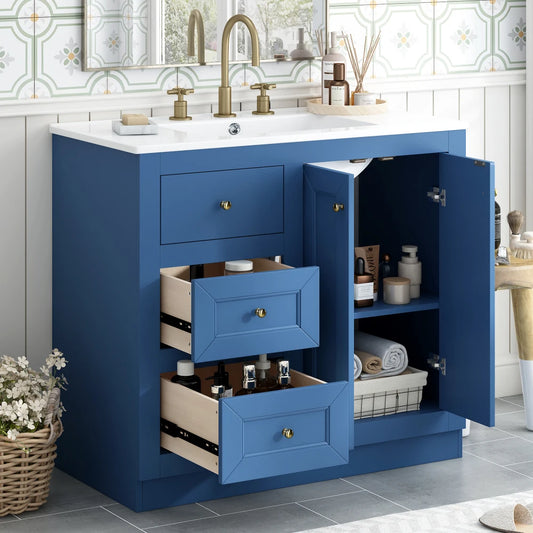 36inch Bathroom Vanity with Ceramic Sink, Bathroom Storage Cabinet with 2 Drawers&  Shelf, Solid Wood and MDF Board