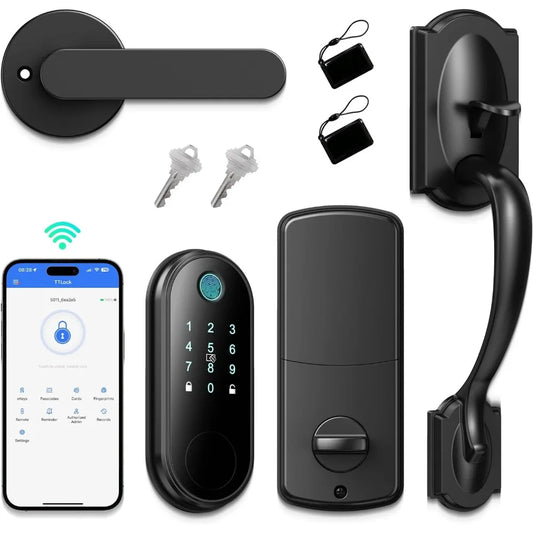 Smart Lock Front Door Set, Fingerprint Keyless Entry Front Door Lock with Handle, WiFi & Bluetooth App Control, Smart Deadbolt,