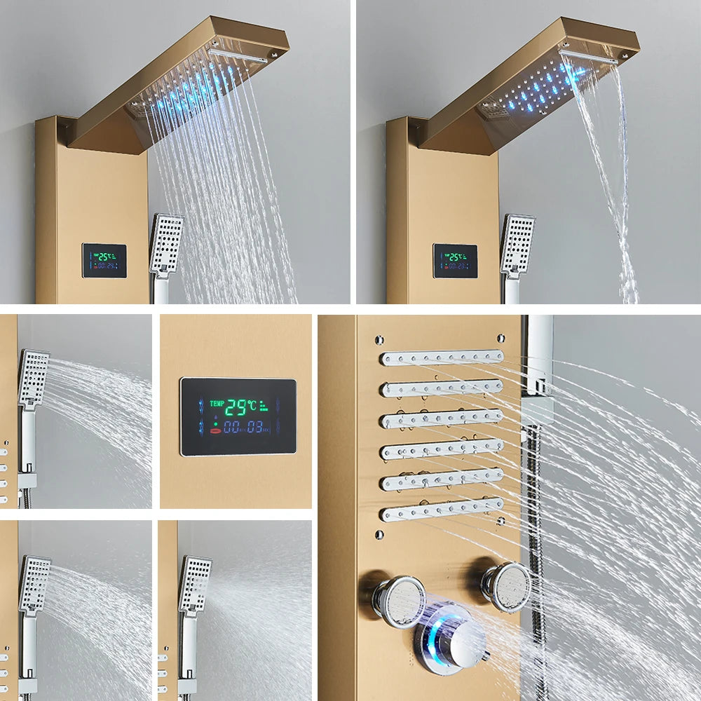 Black LED Light Shower Panel Waterfall Rain Shower Faucets SPA Massage Jet Bath Shower Column Shower system Mixer Tap Tower