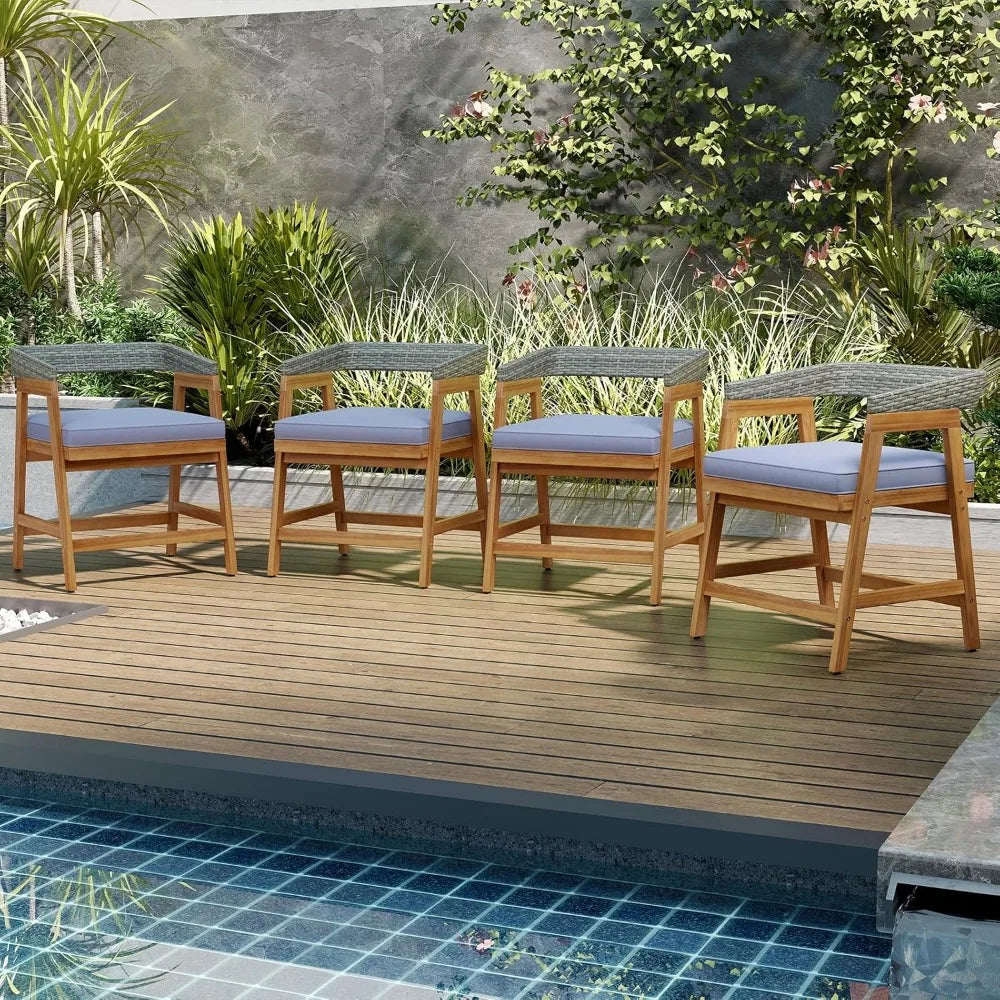 5 piece patio dining set for 4, outdoor solid wood round table with cushioned chairs, for deck, lawn, garden and poolside