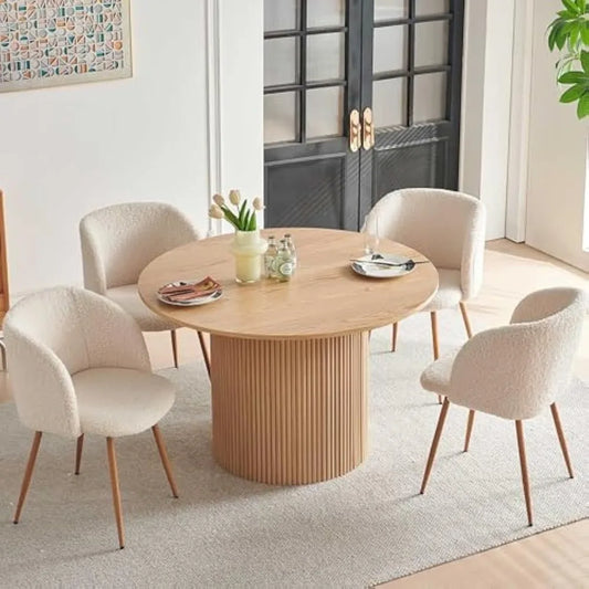 5-Piece Wooden Round Dining Room Table and Chair Set, 47-Inch Kitchen Table with Barrel Chairs for 4, Off White Uphols