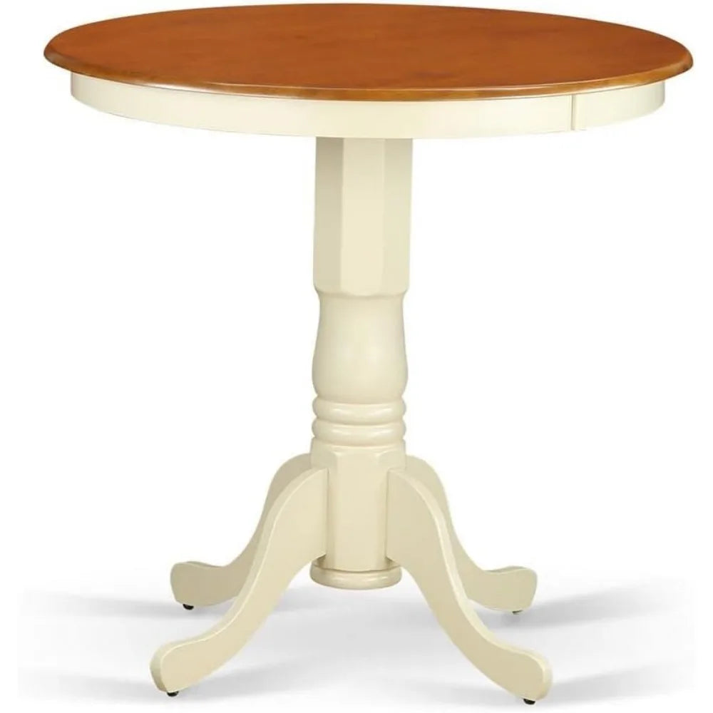 3 Piece Counter Height Dining Set for Small Spaces Contains a Round Dining Room Table with Pedestal and 2 Wooden Seat Chairs