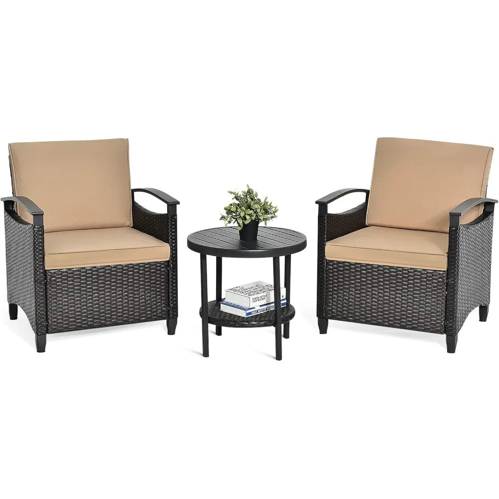 3 Piece Rattan Sofa Set, Patio Conversation Bistro Set w/Coffee Table, Seat and Back Cushions