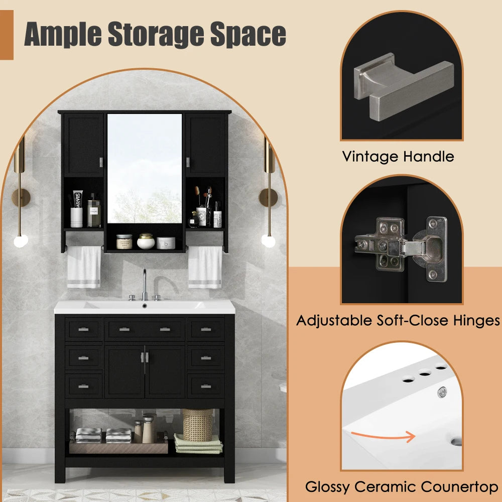 36'' Bathroom Vanity with Top Sink, Modern Mirror Cabinet with Towels Bar, Bathroom Storage Cabinet with 2 Soft Closing Doors