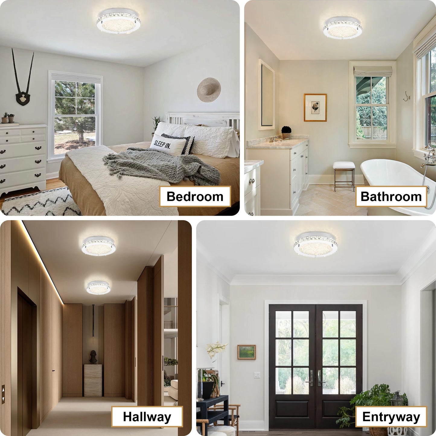Modern Crystal LED Flush Mount Chandelier - Dimmable Ceiling Light for Kitchen, Bedroom, Bathroom,Hallway