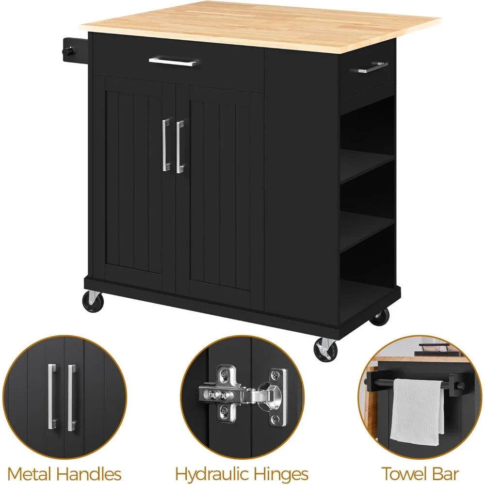 Rolling Kitchen Island Cart with Drop Leaf, Portable Rubberwood Breakfast Bar with Storage Cabinet, Open Shelves & Detachable T
