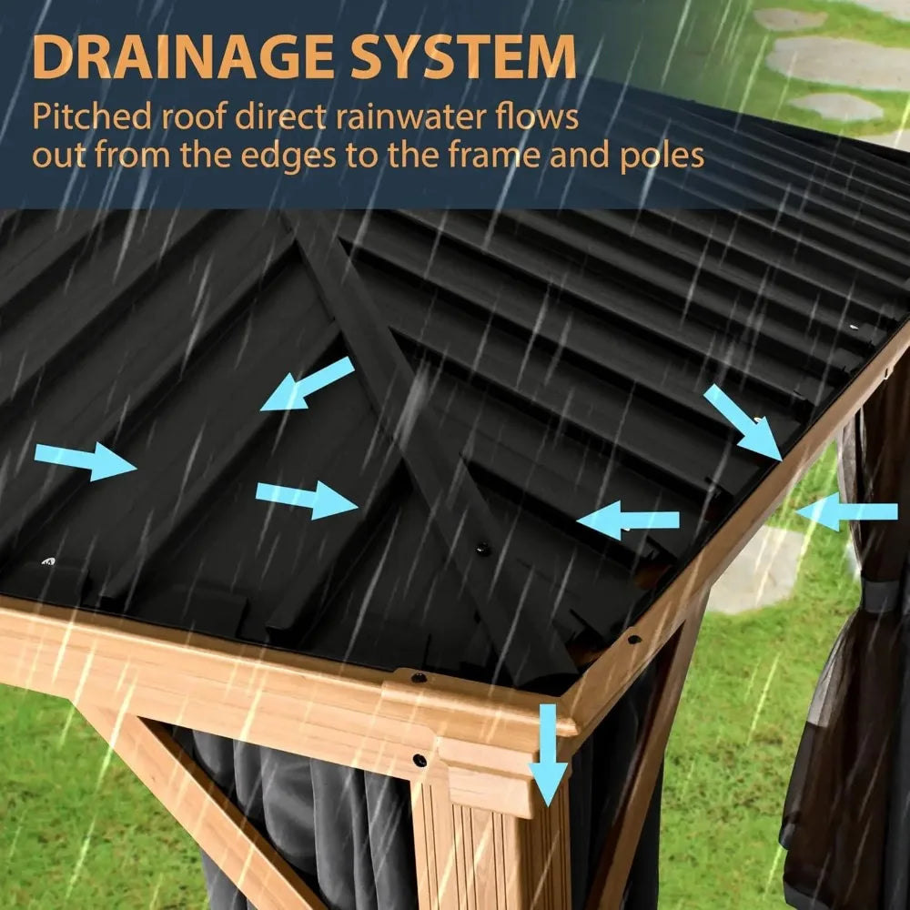 Hardtop Gazebo, Outdoor Wood Grain Frame Aluminum Metal Gazebo with Galvanized Steel Double Roof, Patio Canopy with Netting