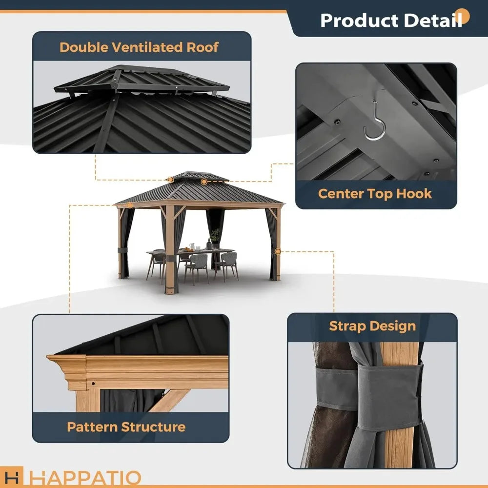 Hardtop Gazebo, Outdoor Wood Grain Frame Aluminum Metal Gazebo with Galvanized Steel Double Roof, Patio Canopy with Netting