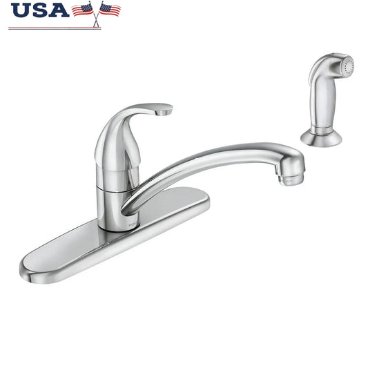 Classic One Handle Chrome Kitchen Faucet with Side Sprayer Low Arc Design Universal Fit ADA Compliant Easy Installation Modern