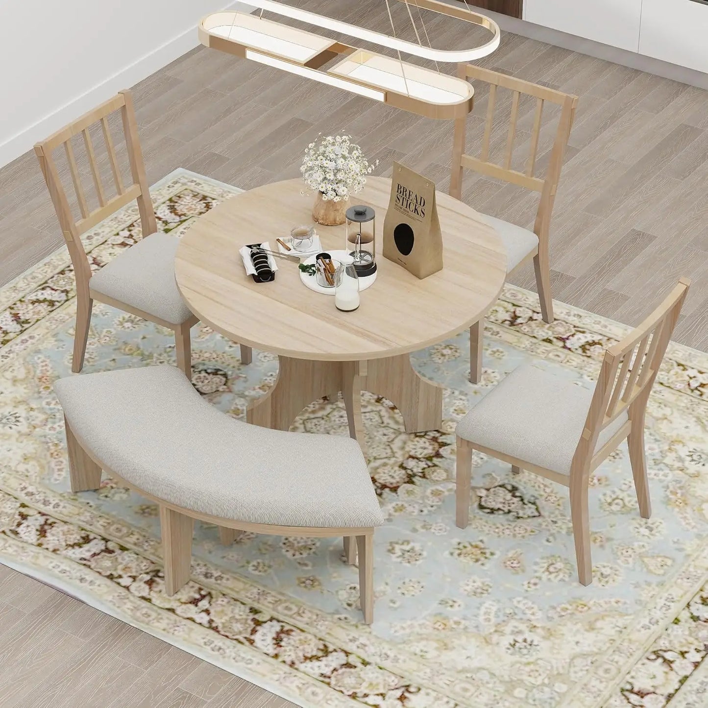 5-Piece Round Dining Table Set, Mid Century Modern Round Dining Table for 4-6 Person, Round Dinner Table with 4 Upholstered Chai