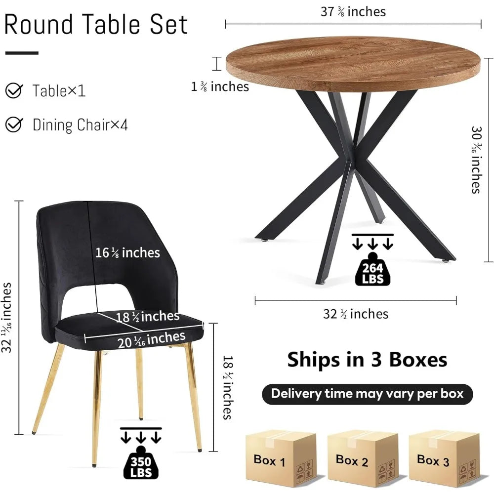 5-Piece Dining Table Set for 4 - Space Saving 37-Inch Round Table and Chairs, 4 Seaters Dining Set with Upholstered Dining Chai