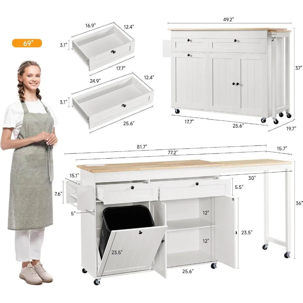 Kitchen Islands with Extendable Dining Table, 81.7" Mobile Kitchen Storage Islands, Rolling Kitchen Cart with Trash Cabinet, Pow