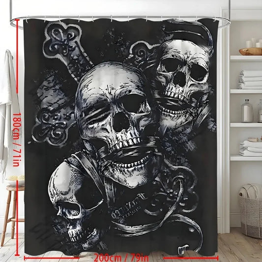 1pcs Gothic Three Skull Shower Curtain Set，12 Hooks,Options for Stylish Bathrooms