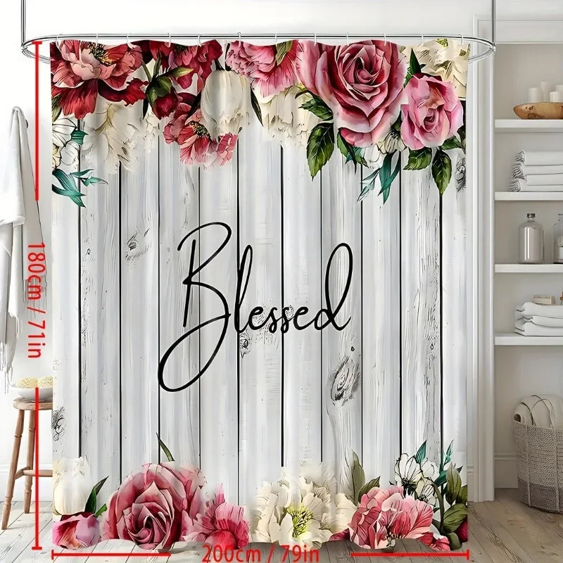 1pcs Flowers On A White Background Shower Curtain, Waterproof Shower Curtain With 12 Hooks, Bathroom Decor, Shower Curtain Sets
