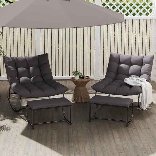 2 Piece Outdoor Rocking Chairs with Ottoman, Patio Oversized Rocking Egg Chair with Cushion, Papasan Chair Set of 2 for Outside,