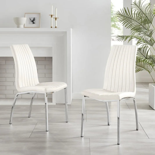 Dining Chair Set of 2 - ISCO Faux Leather Upholstered White Dining Chairs with Silver Chrome Legs