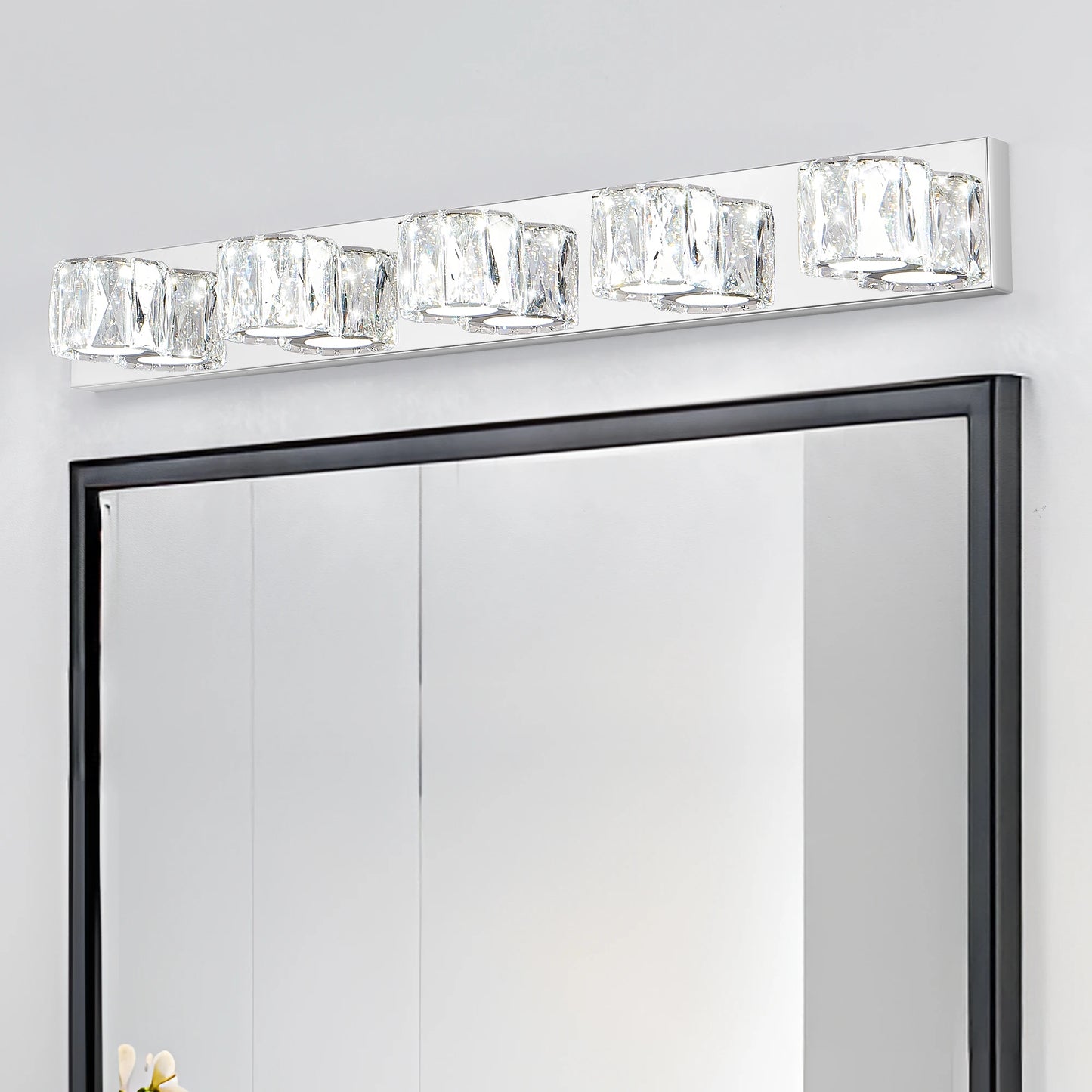 35" Modern Crystal 5-Light LED Wall Sconce – Elegant Chrome Bathroom Vanity Light with Clear Crystal Shades