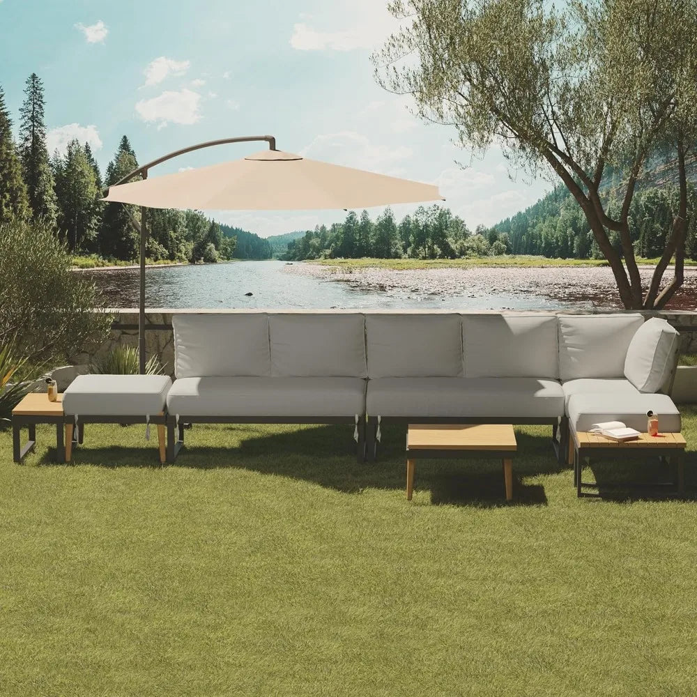 8 Pieces Patio Furniture Set, Outdoor Sectional Sofa Couch with Acacia Wood Coffee Table&Side Table,Modern Metal Outside