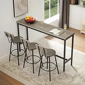 63" L Bar Table and Chairs Set for 3, 4 Piece Long Rectangle Pub Bistro Table with 3 PU Upholstered Bar Stools, Counter Height D