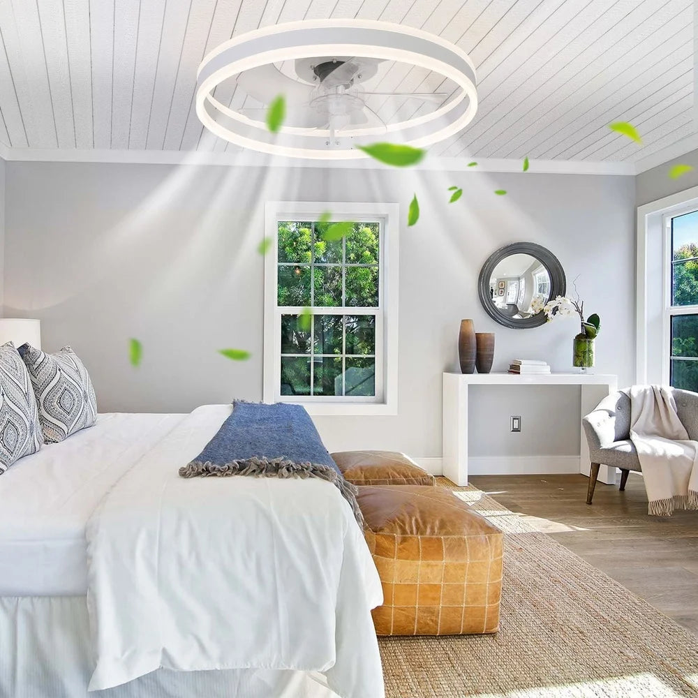 20 Inch Bladeless Ceiling Fan with Remote Dimmable LED Light 6 Speed Control Quiet Motor Energy Efficient Flush Mount Design