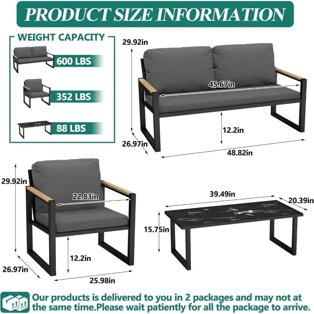 4-Piece Patio Furniture Set, Outdoor Aluminum Conversation Sofa Sets with Coffee Table & Cushions Chairs - Perfect for Garden