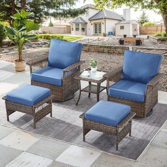 Patio Furniture Set 2 Wicker Swivel Glider Chairs 2 PE Rattan Ottomans with Patio Side Table Wicker Cushions Patio Conversation