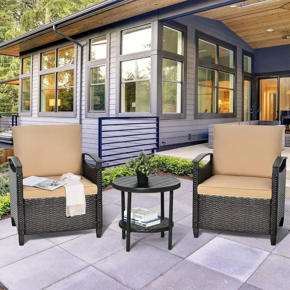 3 Piece Rattan Sofa Set, Patio Conversation Bistro Set w/Coffee Table, Seat and Back Cushions