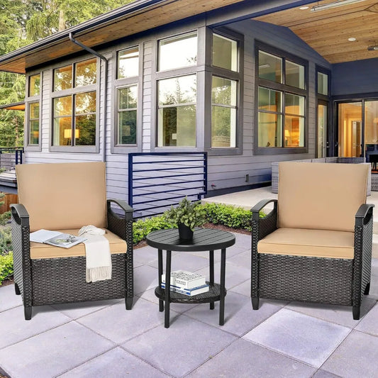 3 Piece Rattan Sofa Set, Patio Conversation Bistro Set w/Coffee Table, Seat and Back Cushions