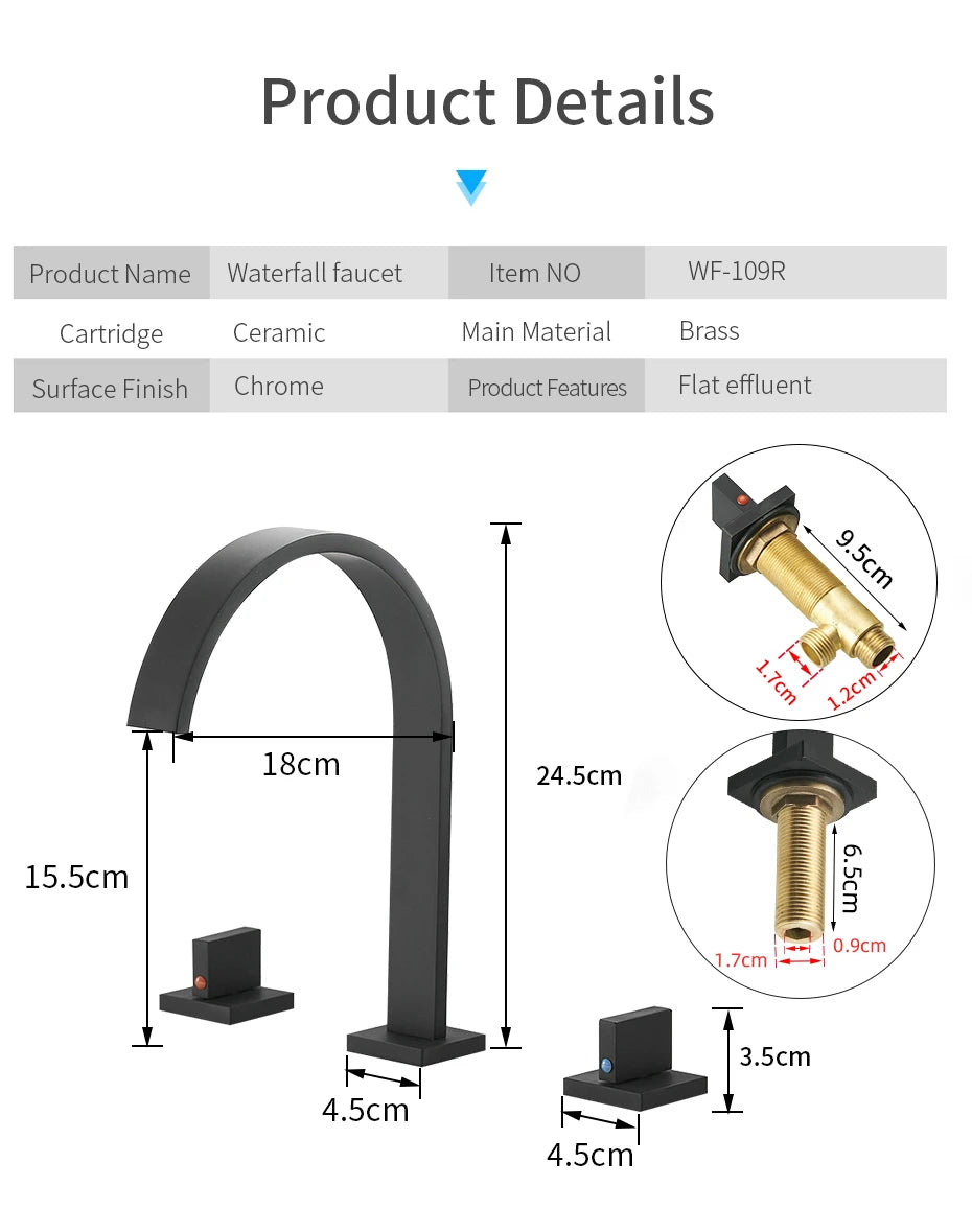 Basin Faucets Brass Polished Black Deck Mounted Square Bathroom Sink Faucets 3 Hole Double Handle Hot And Cold Water Tap LT-109R