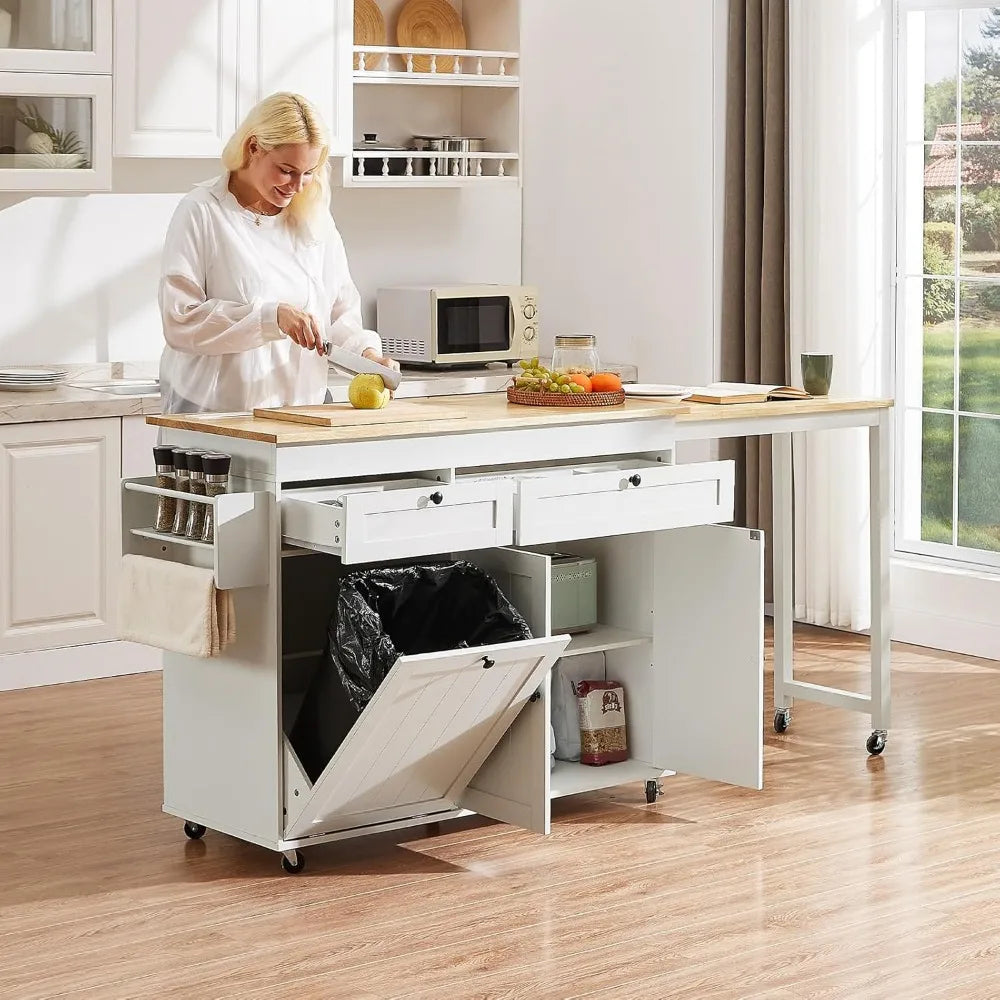 Kitchen Islands with Extendable Dining Table, 81.7" Mobile Kitchen Storage Islands, Rolling Kitchen Cart with Trash Cabinet, Pow