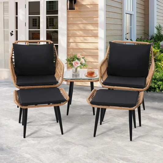 5 Piece Wicker Bistro Patio Conversation Furniture Set, Includes 2 Chairs, 2 Ottomans, and Side Table, Ideal for Porch, Balcony