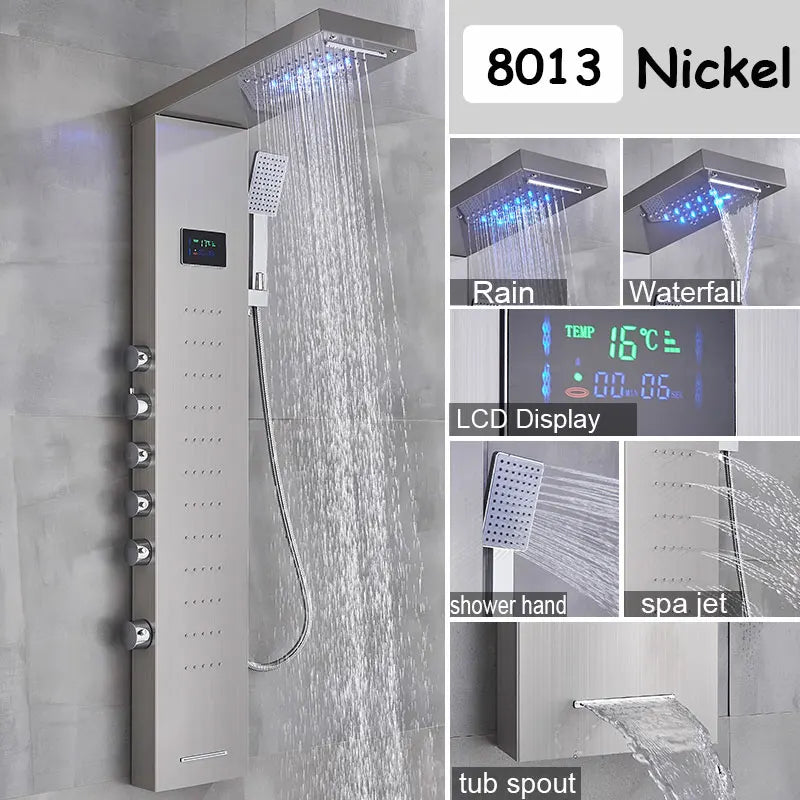Black LED Light Shower Panel Waterfall&Rainfall Faucet Set Systems Bathroom Mixer Taps Tower with Spa Shower Columns Massage Jet