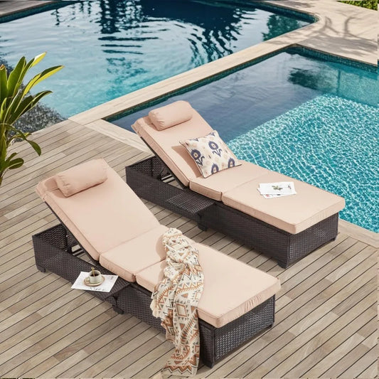 Outdoor Lounge Chairs, Pool Lounge Chairs Set of 2, Outdoor Chaise Lounge with Adjustable Backrest & Cup Holder,Khaki