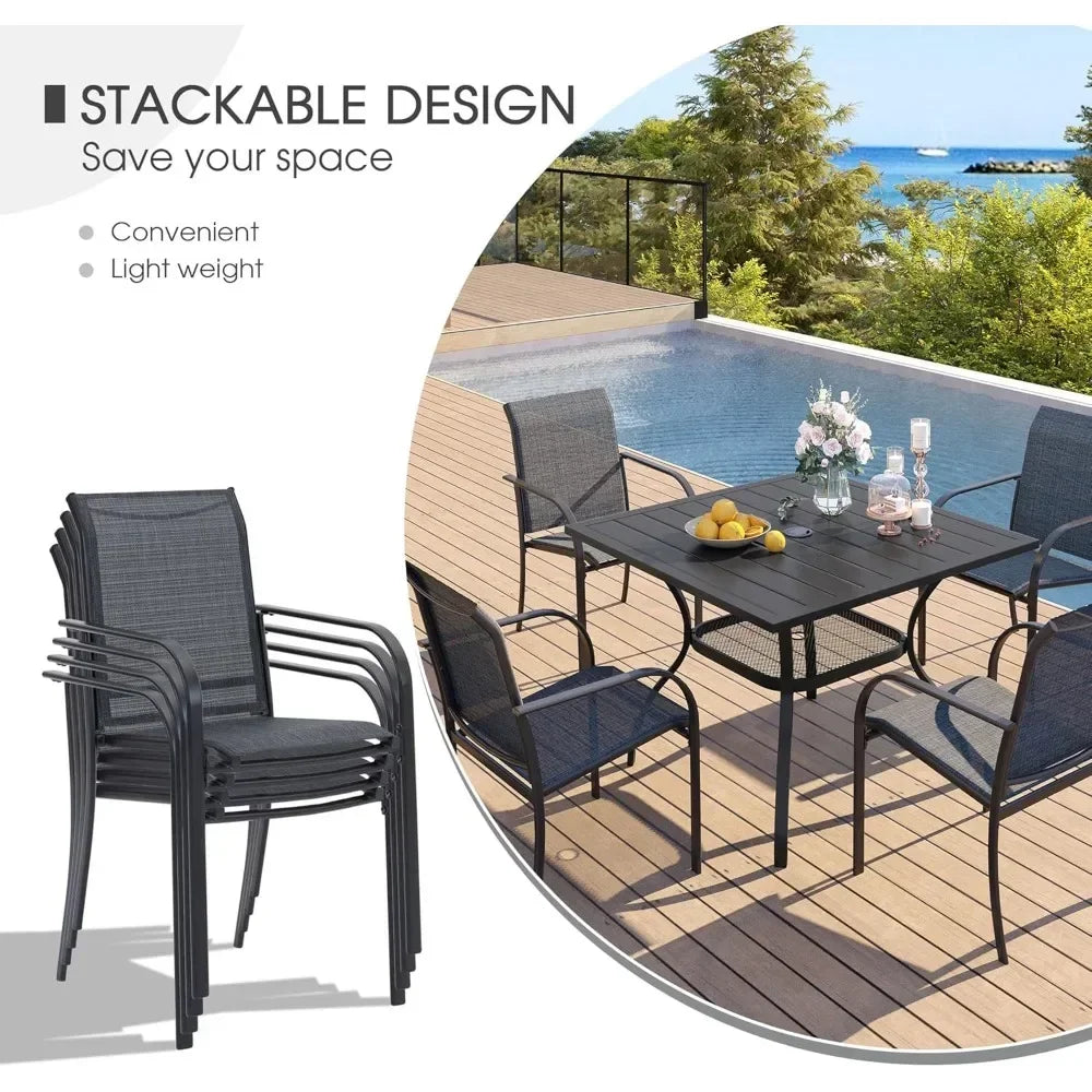 5-Piece Patio Dining Set – Outdoor Furniture Set w/1 Square Table & 4 Stackable Sling Chairs – Patio Dining Furniture