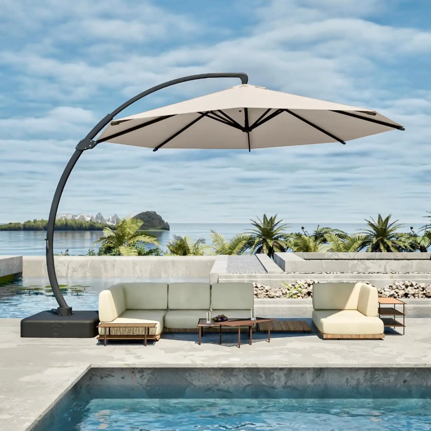 11FT Cantilever Umbrella with Base Large Curvy Outdoor Aluminum Offset Umbrella w/ 360° Rotation, UV Resistant Canopy for Patio