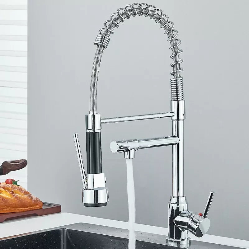 Chrome Brass Kitchen Sink Faucet Pull Down Hot and Cold Water Mixer2 Mode Tap with Dual Spout 360 Rotation Flexible Deck Mounted