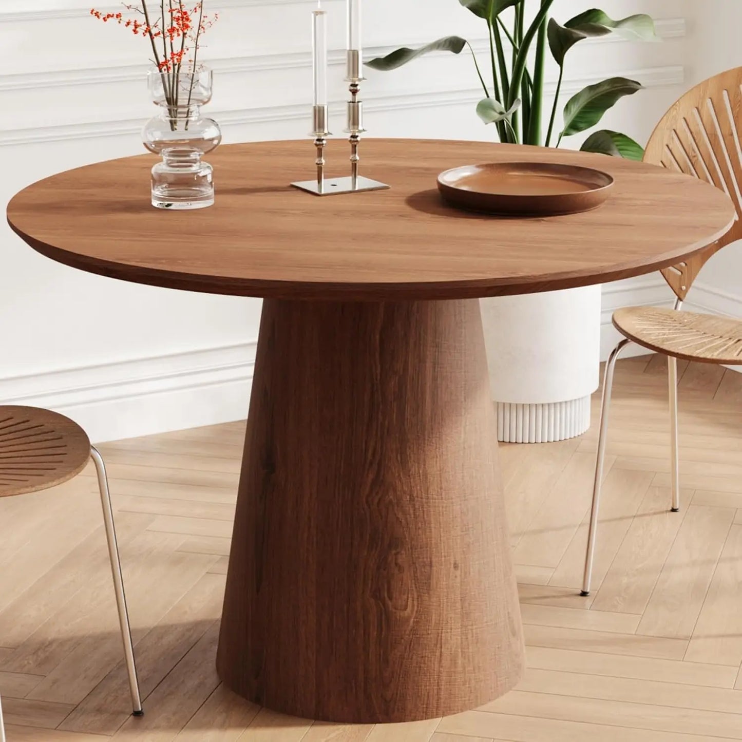 43" Mid-Century Modern Farmhouse Round Dining Table for 4-5 - Wooden Pedestal Base with MDF Table Top, Compact Kitchen