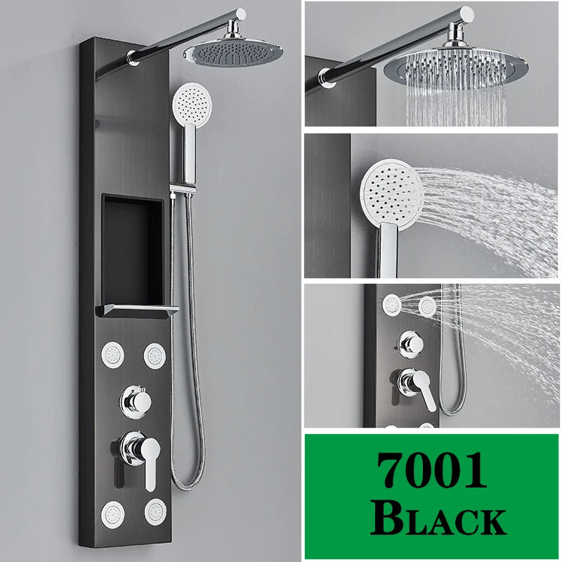 Shower Panel Rainfall Shower Faucet Set SPA Massage Jet Bath Shower Column Double Handle Mixer Tap Tower With Storage Rack