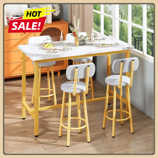 43.3” Dining Table Set, Rectangle Pub Bistro Dining Set Kitchen Table Set Bar Table, 5-Piece, Metal Frame with Backrest Stools