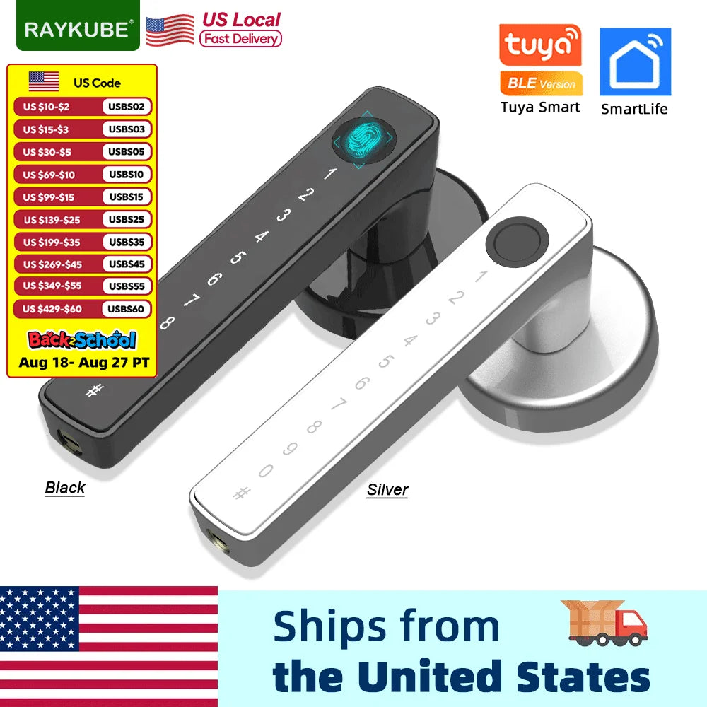 RAYKUBE M5 US Free Delivery Tuya BLE Smart Fingerprint Door Lock Electronic Lock with Password/Key/Card/Tuya APP Unlock