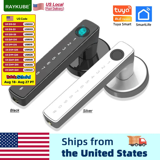 RAYKUBE M5 US Free Delivery Tuya BLE Smart Fingerprint Door Lock Electronic Lock with Password/Key/Card/Tuya APP Unlock