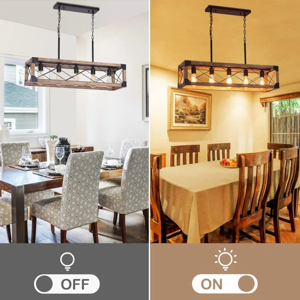 Farmhouse Kitchen Island Lighting 5 Light Wood Chandelier for Dining Room Adjustable Height Pendant Lamp Fixture for Bar Table