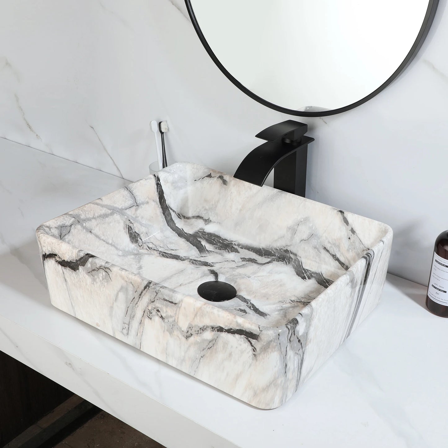 ZAPPO Bathroom Vessel Sink Ceramic Vessel Sink with Faucet Combo Rectangular Marble Vanity Sinks for Bathrooms Above Counter