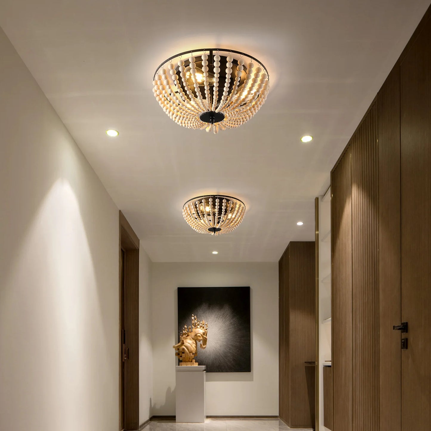 Boho Light Fixtures 3-Light Flush Mount Ceiling Light Wood Beads Ceiling Lights for Kitchen 15in Ceiling Mount Light