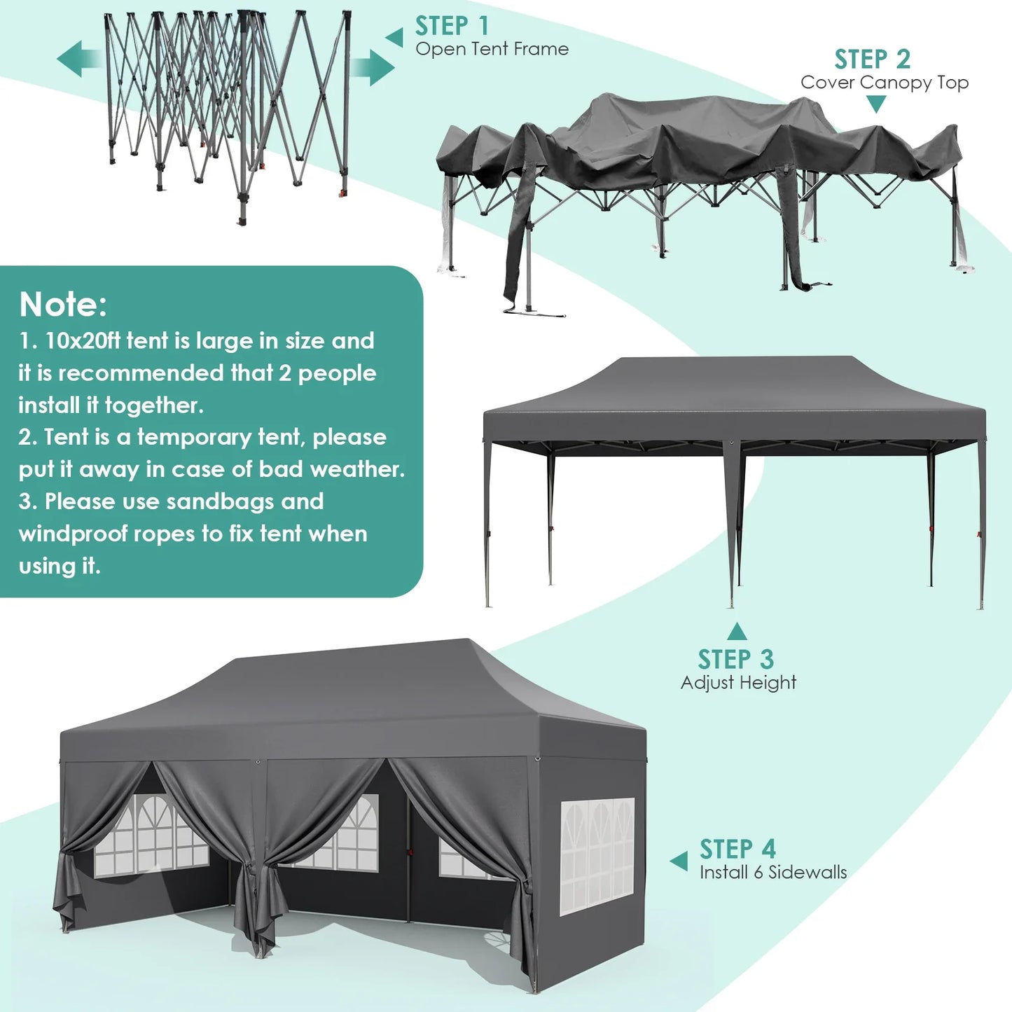 Pavilion Popup Gazebo 3x6m Waterproof Folding Gazebo Tent Party Tent with 4 Side Panels 6 Sandbag UV 50+ Height Adjustable 2-3M