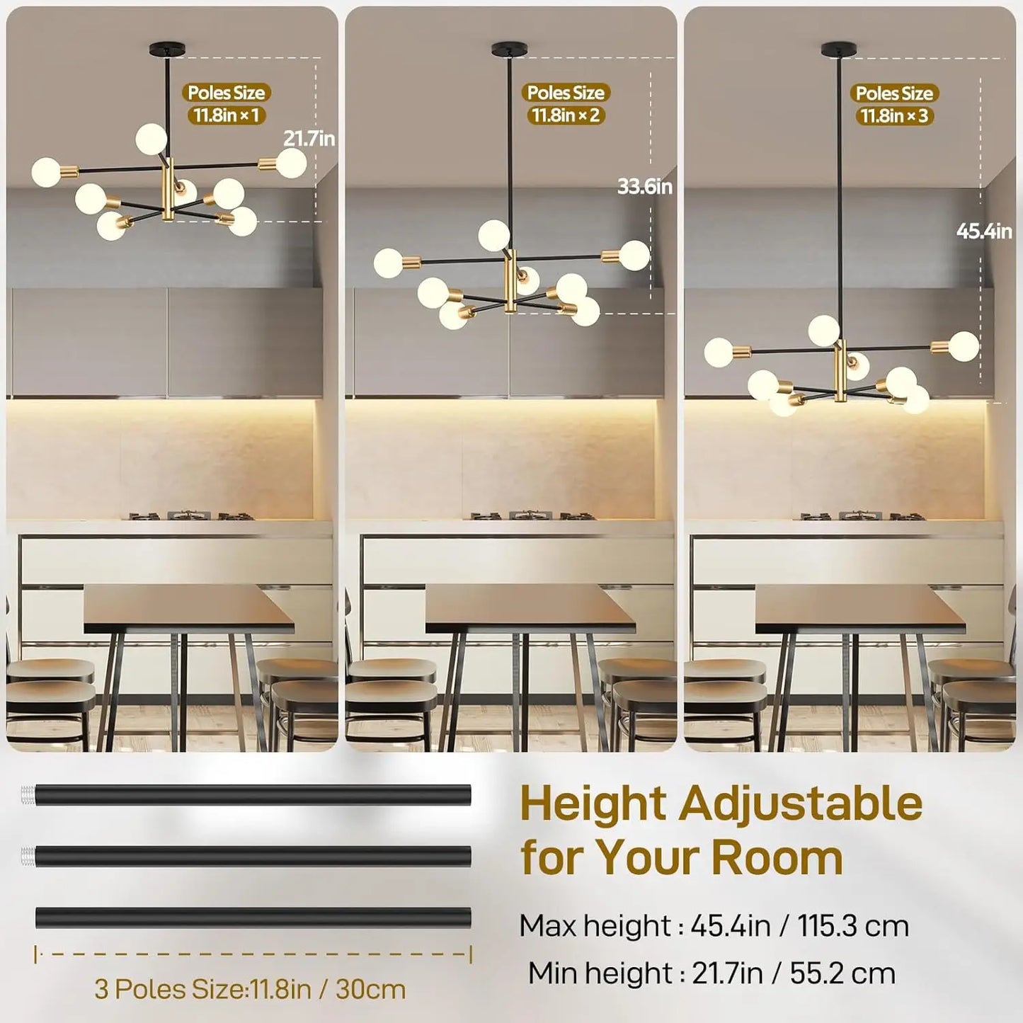 Modern Sputnik Chandelier 8 Lights Height Adjustable Ceiling Light Fixture Mid-Century Modern Gold Chandelier for Dining Room