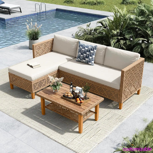 Patio Wicker Sectional Sofa Set 3 Pieces, Outdoor Small L-Shaped Couch Furniture Set with Wood Table and 2 Bench Sofa