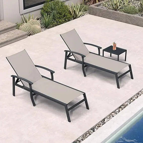 Outdoor Poolside Lounge Chairs Set of 2 with Adjustable Positions, Armrests, and Side Tables - Aluminum Patio Furniture