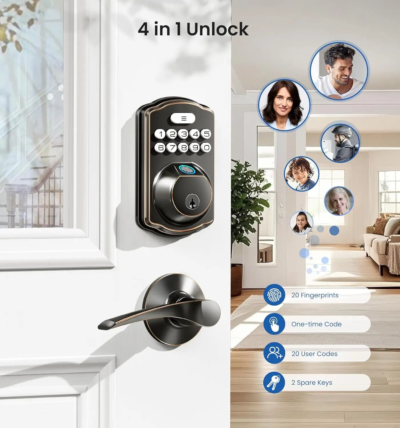 Veise Fingerprint Door Lock, Keyless Entry, Auto Lock, Electronic Keypad Deadbolt for Front Door, Biometric, Anti-Peeking Passwo